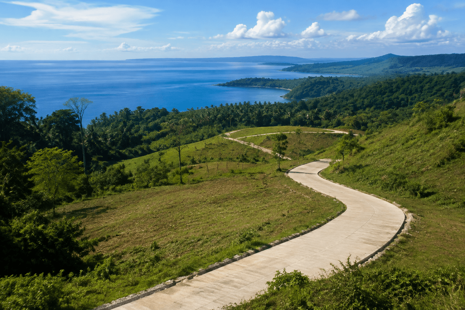 Hillside outlook over coastal terrain and green slopes